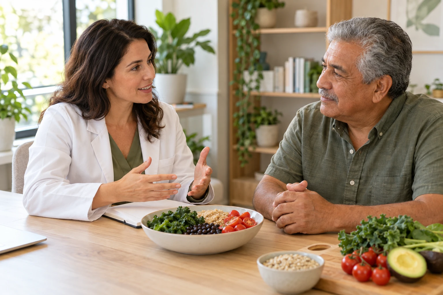 An older man discussing plant-forward meals with a dietitian.
